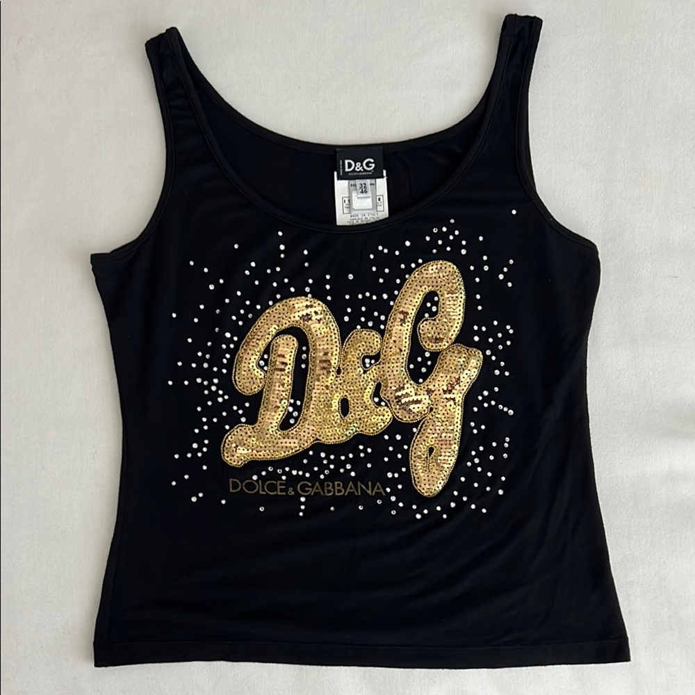 Dolce & Gabbana Black and Gold Graphic Crop Tank Top